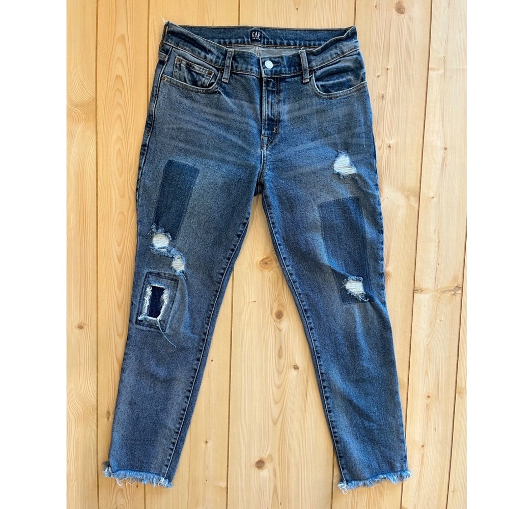 Gap True Skinny Jeans Womens 28 Regular Blue Patwork Distressed Raw Hem Denim